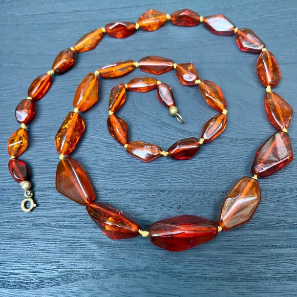 Vintage|Antique Geometric Honey-Cognac  Genuine BALTIC AMBER  24”Beaded NECKLACE - Picture 5 of 8